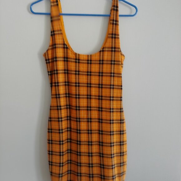 Yellow/Orange And Black Plaid Bodycon Dress Snaps Closure - Picture 3 of 4